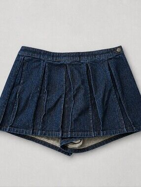 Denim Pleated Mini Skort - Dark Blue